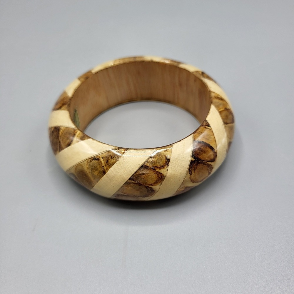 Wood Boho Wide Bangle Bracelet Womens Inlaid Striped Philippines Brown Cream